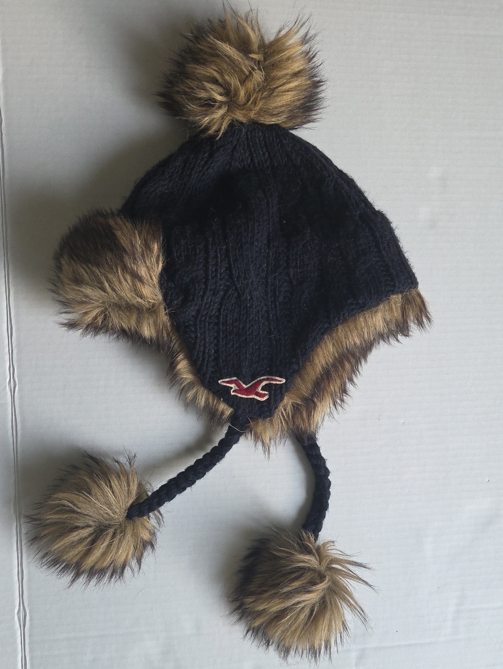 Hollister Black Cable Knit Earflap Hat with Tan Faux-Fur Pom Poms